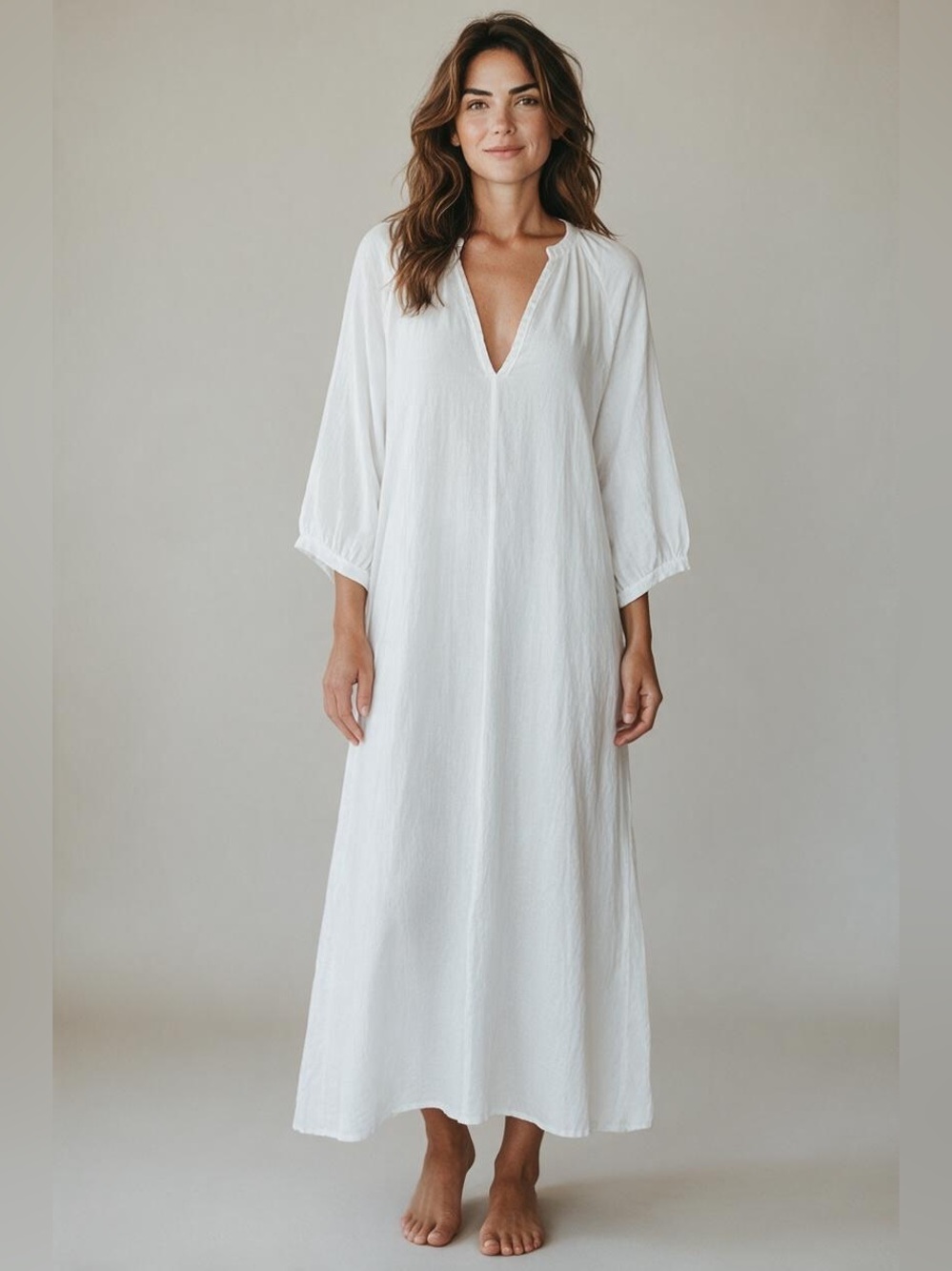 NEW Honorine White Deep V-Neck Drawstring Maxi Dress Size M